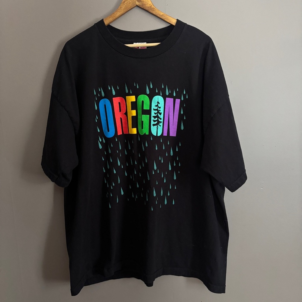 Vintage 90s Bayside Oregon Coast Trees Rain Shirt Color Pop Spell Out Mens